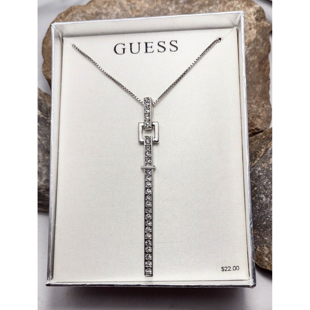 Vintage GUESS Rhinestone Silver tone Pendant Necklace NEW